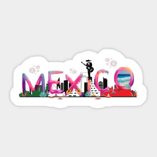 Mexico Marvels: Watercolor Lettering with Chichen Itza, Cancun Beach, and Agave Elegance Sticker